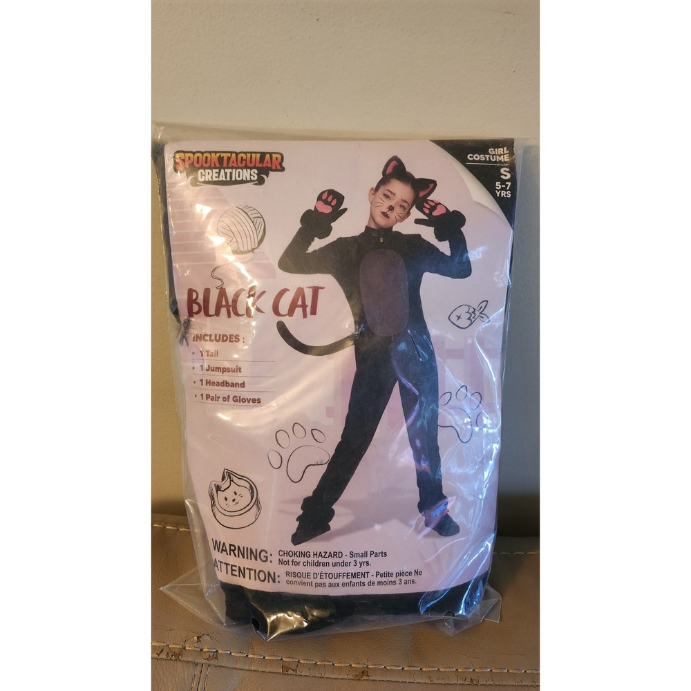 Black Cat Costume for Girls Kids Outfit Set with Tail Child Halloween S (5-7)